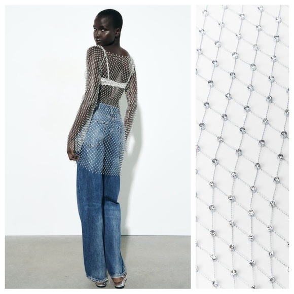 NWT. Zara Silver Semi-Sheer Mesh Rhinestone Midi Dress. Size M. - Picture 5 of 9